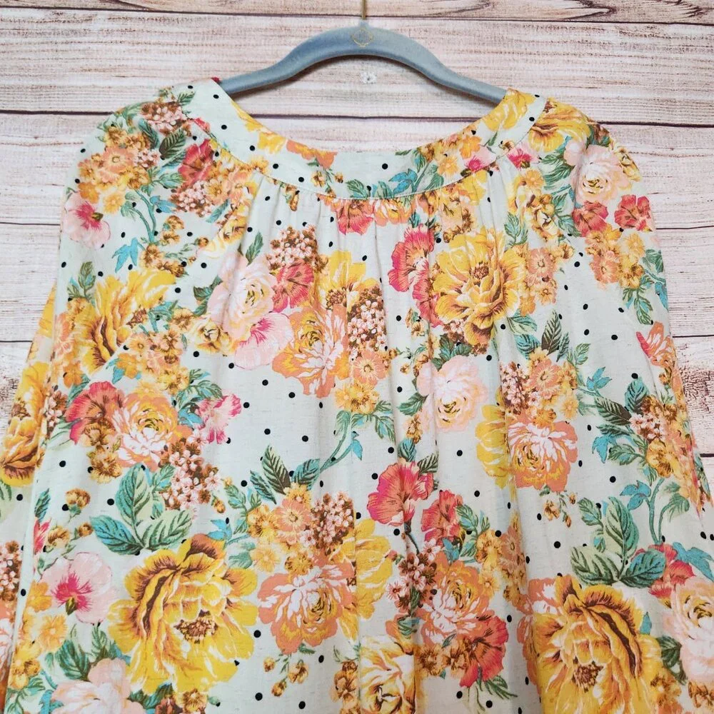 Anthropologie Fig & Flower Yellow Pink Linen Blend Floral Peasant Top Plus 3X - Picture 11 of 15